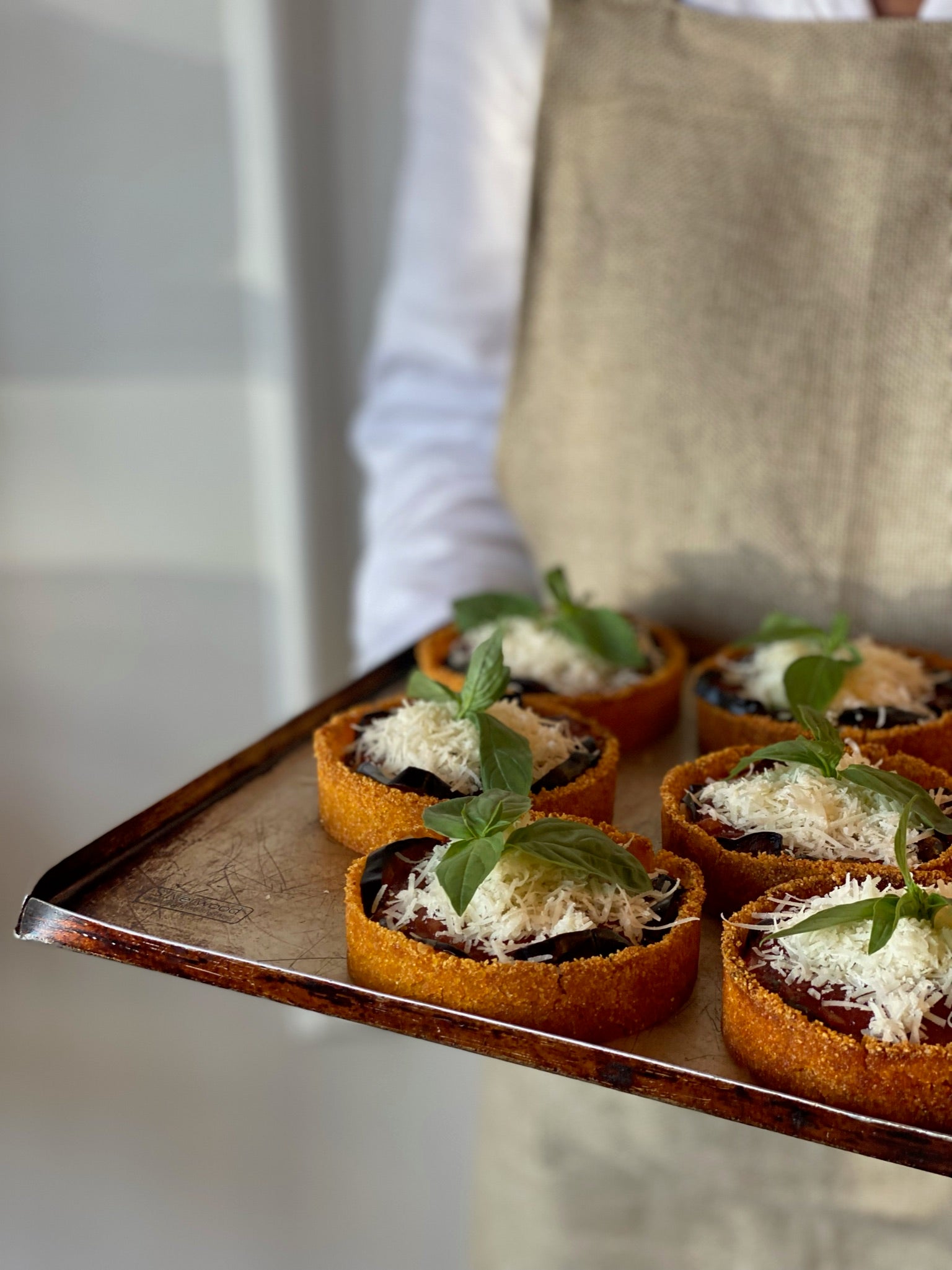 6x Aubergine parmigiana tartlets with polenta crust